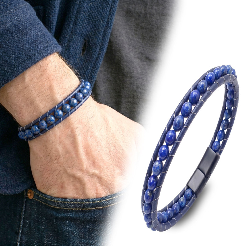 6mm Lapis Taşlı Deri Kordon Ve Çelik Bileklik