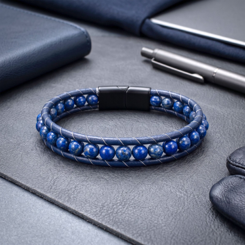 6mm Lapis Taşlı Deri Kordon Ve Çelik Bileklik