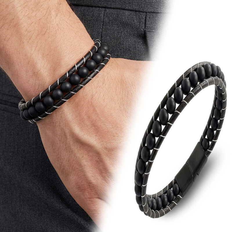 6mm Mat Oniks Taşlı Deri Kordon Ve Çelik Bileklik