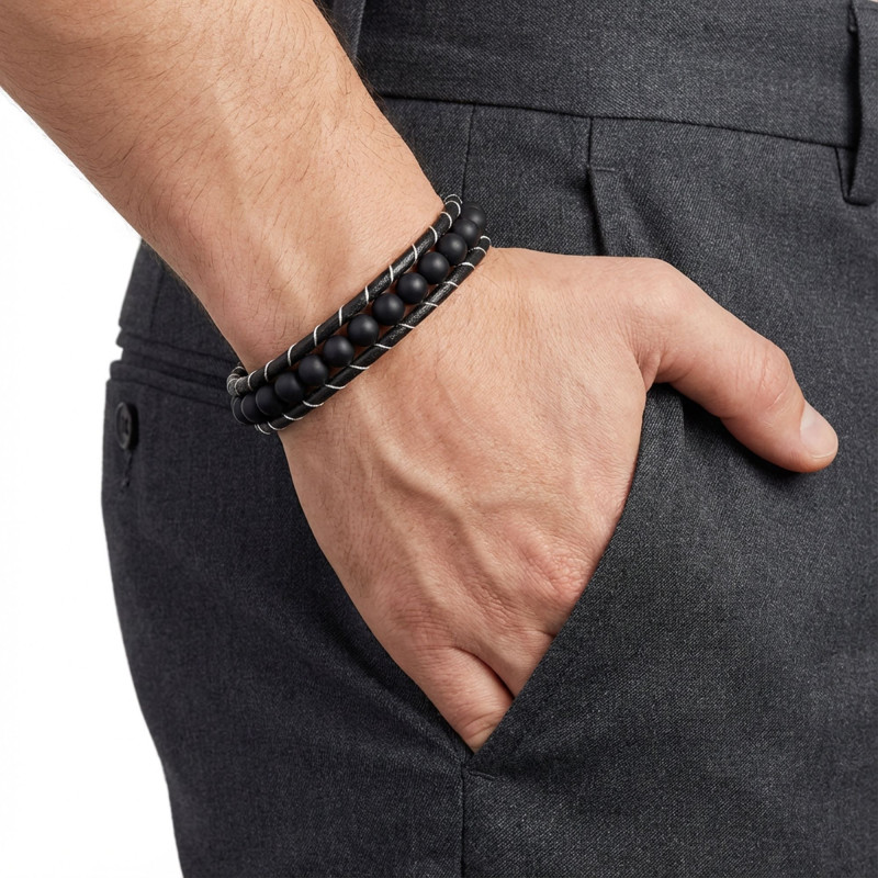 6mm Mat Oniks Taşlı Deri Kordon Ve Çelik Bileklik