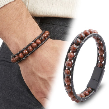 8mm Maun Obsidyen Doğaltaş Ve Deri Bileklik