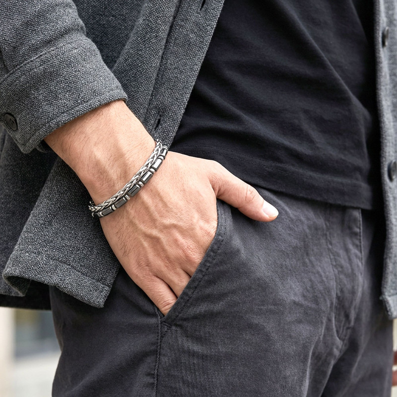 سوار رجالي من حجر الهيماتيت بقصة أنبوبية وسلسلة ستيل