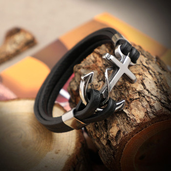 Anchor 316L Stainless Steel and Genuine White Leather Men's Bracelet