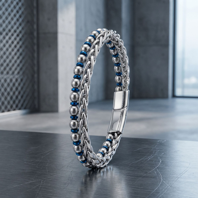 Men's Steel Chain Silver and Blue Hematite Bracelet Men's Steel Chain Silver and Blue Hematite Bracelet