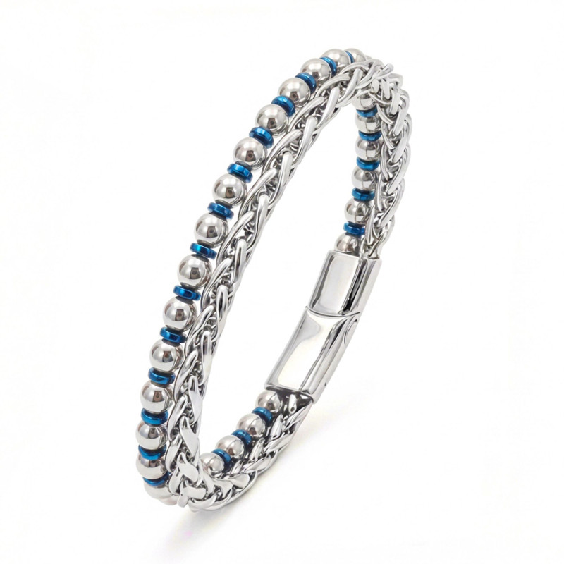 Men's Steel Chain Silver and Blue Hematite Bracelet Men's Steel Chain Silver and Blue Hematite Bracelet