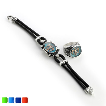 Double-Headed Eagle Enameled Leather Bracelet and Ring Set - MT308
