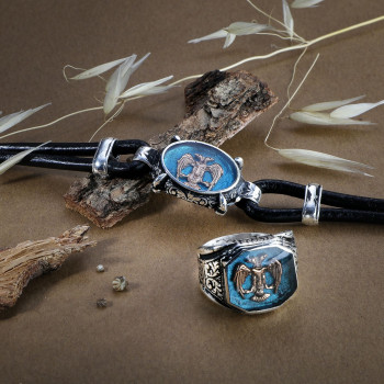 Double-Headed Eagle Enameled Leather Bracelet and Ring Set - MT308