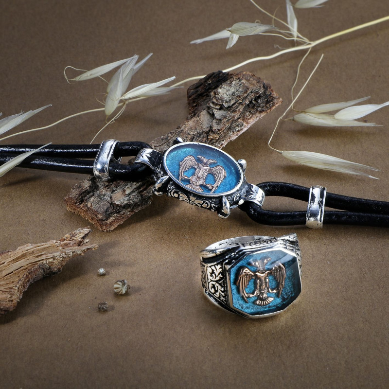Double-Headed Eagle Enameled Leather Bracelet and Ring Set - MT308 Double-Headed Eagle Enameled Leather Bracelet and Ring Set - MT308