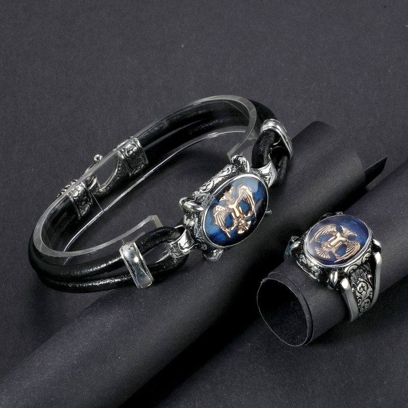 Double-Headed Eagle Enameled Leather Bracelet and Ring Set - MT308 Double-Headed Eagle Enameled Leather Bracelet and Ring Set - MT308