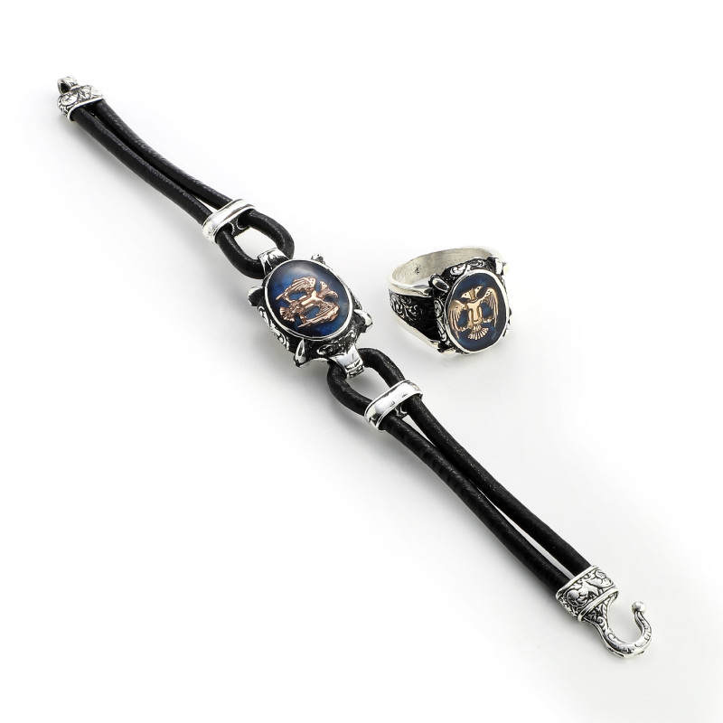 Double-Headed Eagle Enameled Leather Bracelet and Ring Set - MT308 Double-Headed Eagle Enameled Leather Bracelet and Ring Set - MT308
