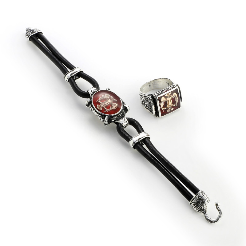 Double-Headed Eagle Enameled Leather Bracelet and Ring Set - MT308 Double-Headed Eagle Enameled Leather Bracelet and Ring Set - MT308