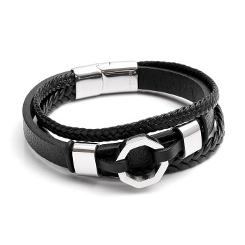 Bolt Figured 316L Stainless Steel and Genuine Multi-Layer Leather Bracelet