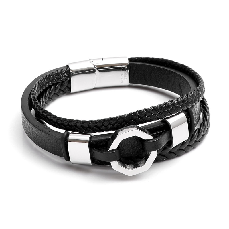Bolt Figured 316L Stainless Steel and Genuine Multi-Layer Leather Bracelet Bolt Figured 316L Stainless Steel and Genuine Multi-Layer Leather Bracelet
