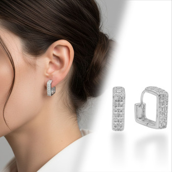 Çok Sıra Taşlı Kare Halka Model VIP Küpe Beyaz-Sarı