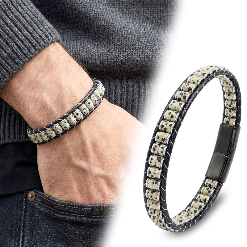 Dalmatian Jasper & Hematite Steel Braided Leather Bracelet