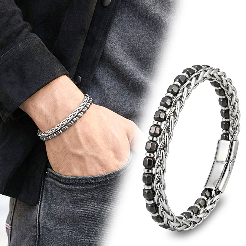 Diamond Cut Hematite and Steel Chain Men's Bracelet