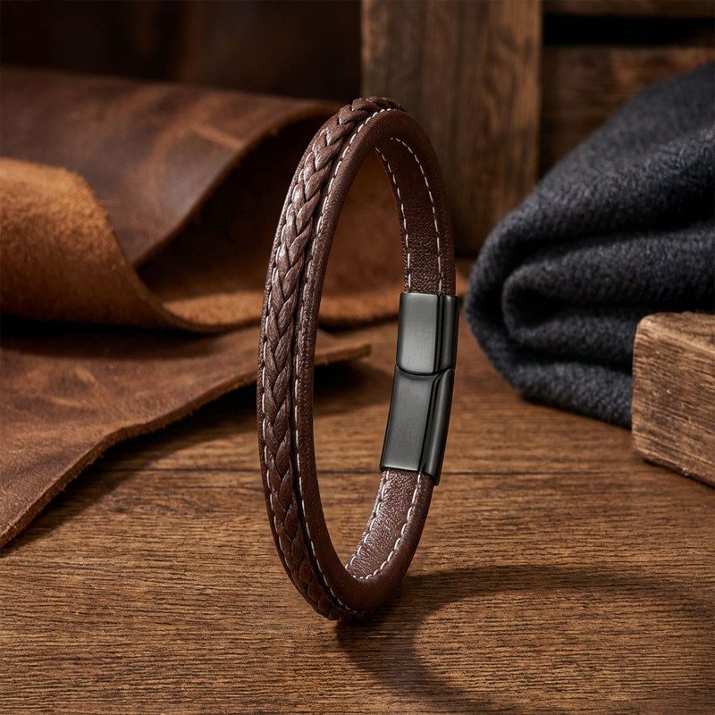 Double Brown Braided Leather Bracelet with Titanium Clasp