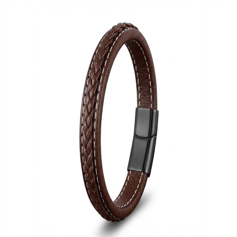 Double Brown Braided Leather Bracelet with Titanium Clasp