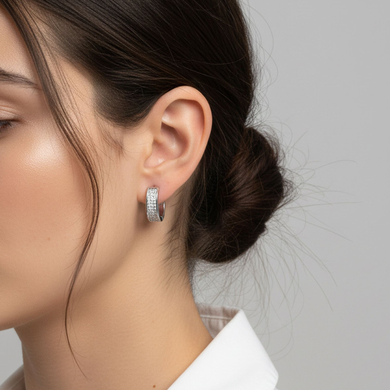 Mikro Taşlı Kalın Halka Model VIP Küpe Beyaz-Sarı