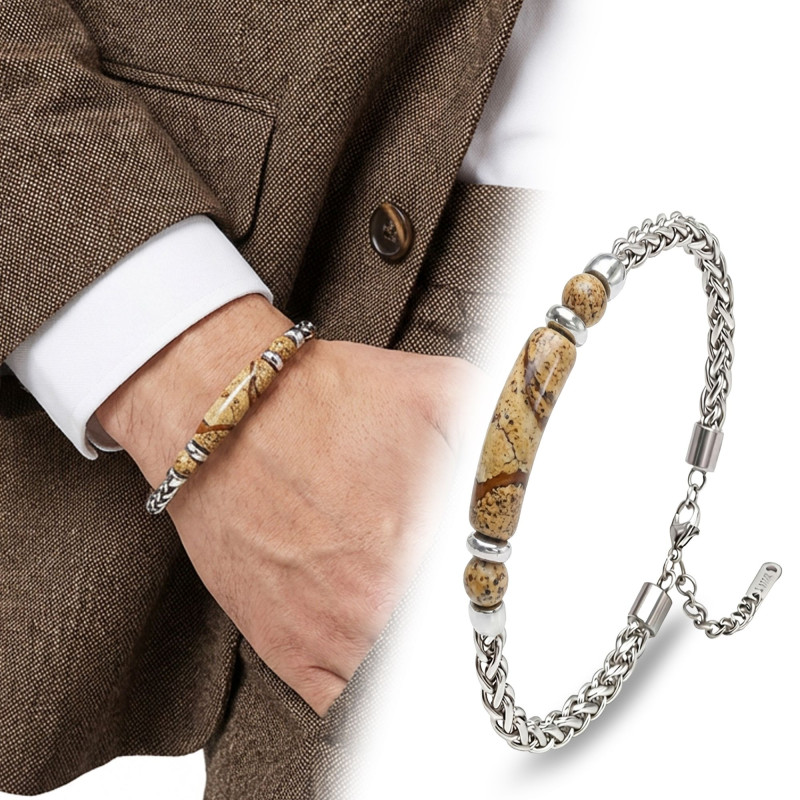 Odun Jasper Doğal Taşlı Ayarlanabilir Çelik Zincir Bileklik