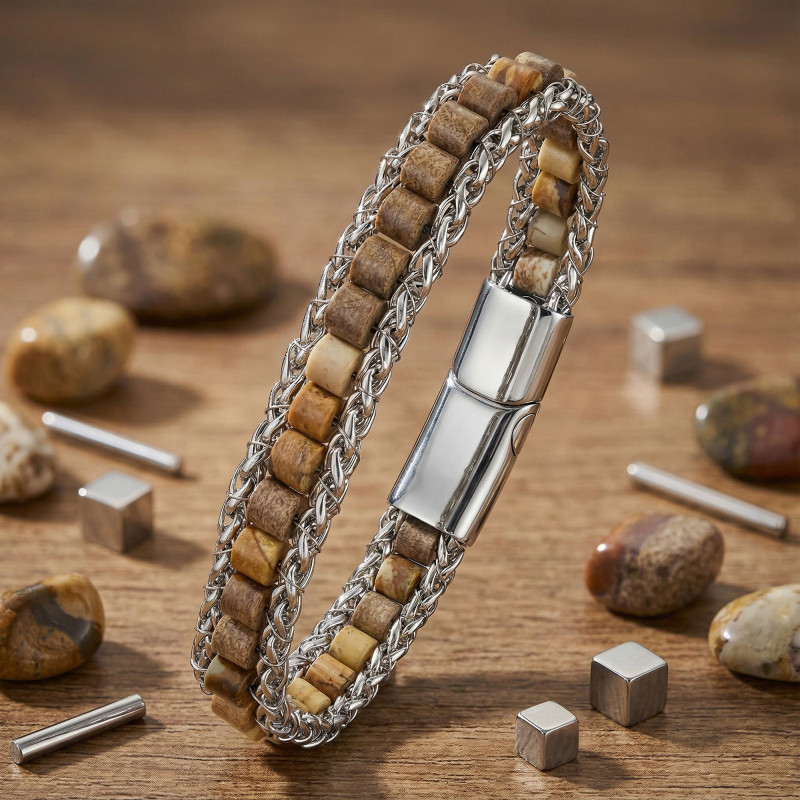 Odun Jasper Doğal Taşlı Hasır Örgü Zincirli Erkek Çelik Bileklik