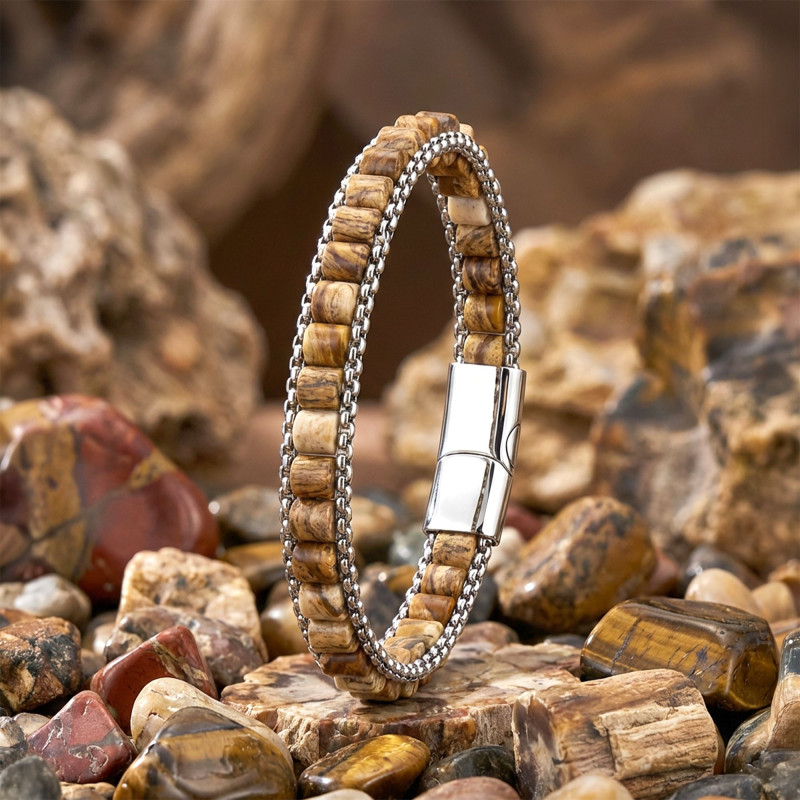 Odun Jasper Doğal Taşlı Hasır Örgü Zincirli Erkek Çelik Bileklik