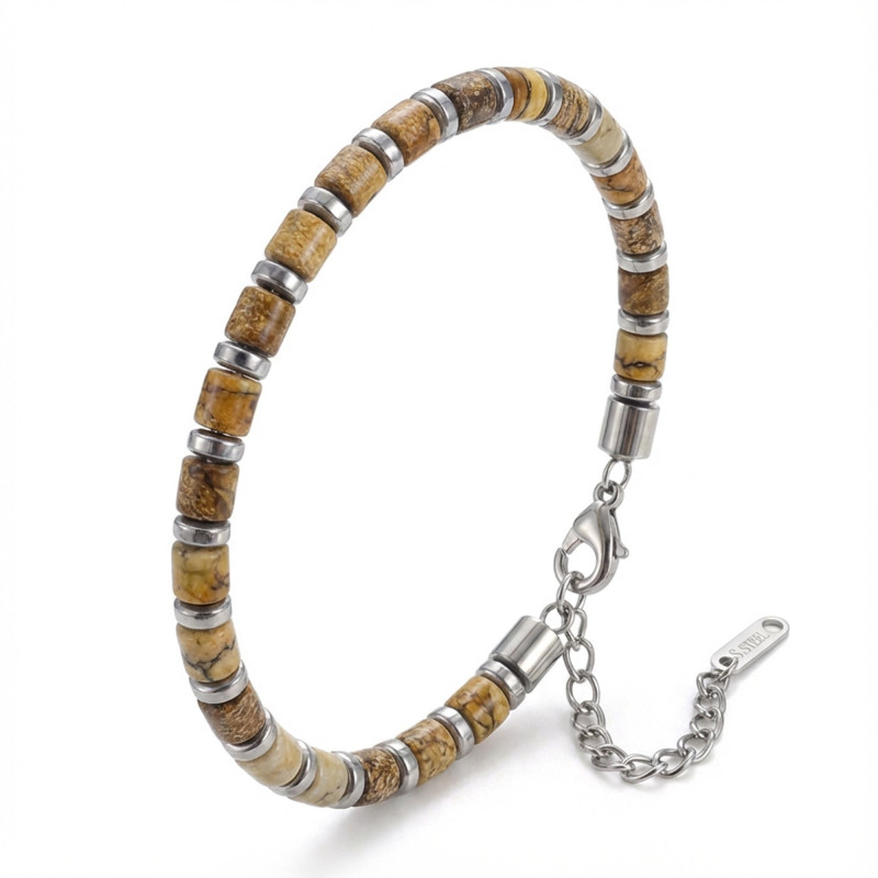 Odun Jasper & Silver Hematit Taşlı Ayarlanabilir Çelik Zincir Erkek Bileklik