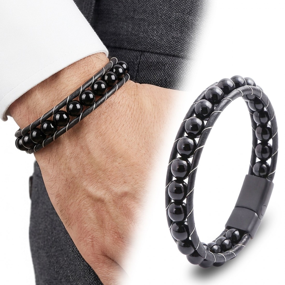 Toptan Parlak Oniks Taşı Örmeli Deri Bileklik Fiyatları