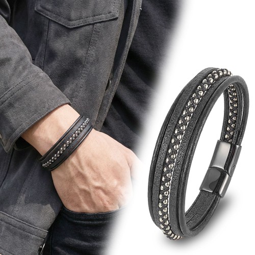 Kırmızı Siyah Deri Örgü Çelik Bileklik