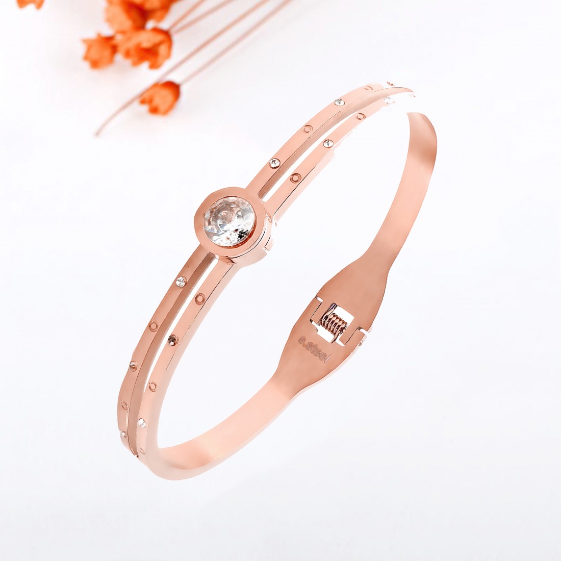 Tek Taşlı Kadın Kelepçe Çelik Bileklik