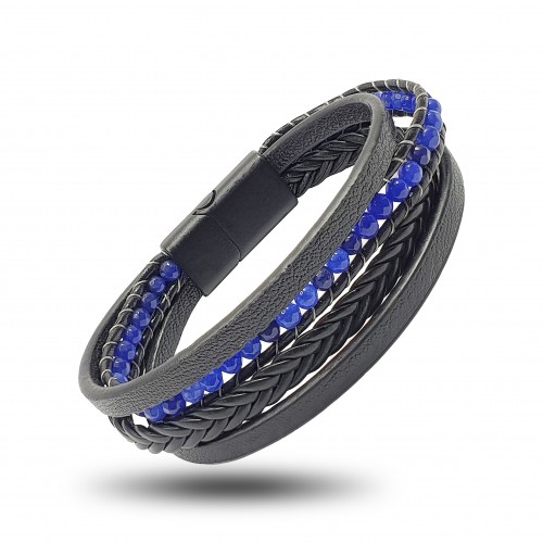 Faset Kesim Mavi Akik Doğaltaş Ve Deri Bileklik