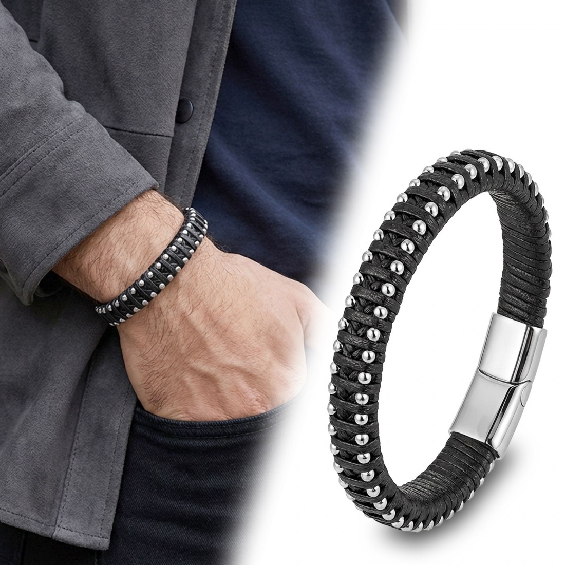 Damla Zincirli Çelik Ve Deri Bileklik