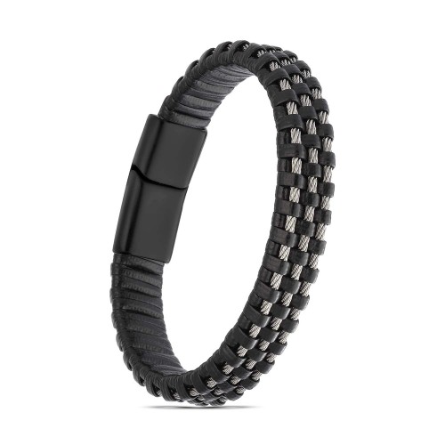 Siyah Deri Burma Örgü Çelik Halat Bileklik