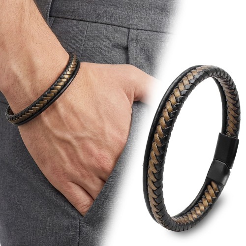 Faset Kahve Akik Doğaltaş Deri Erkek Bileklik