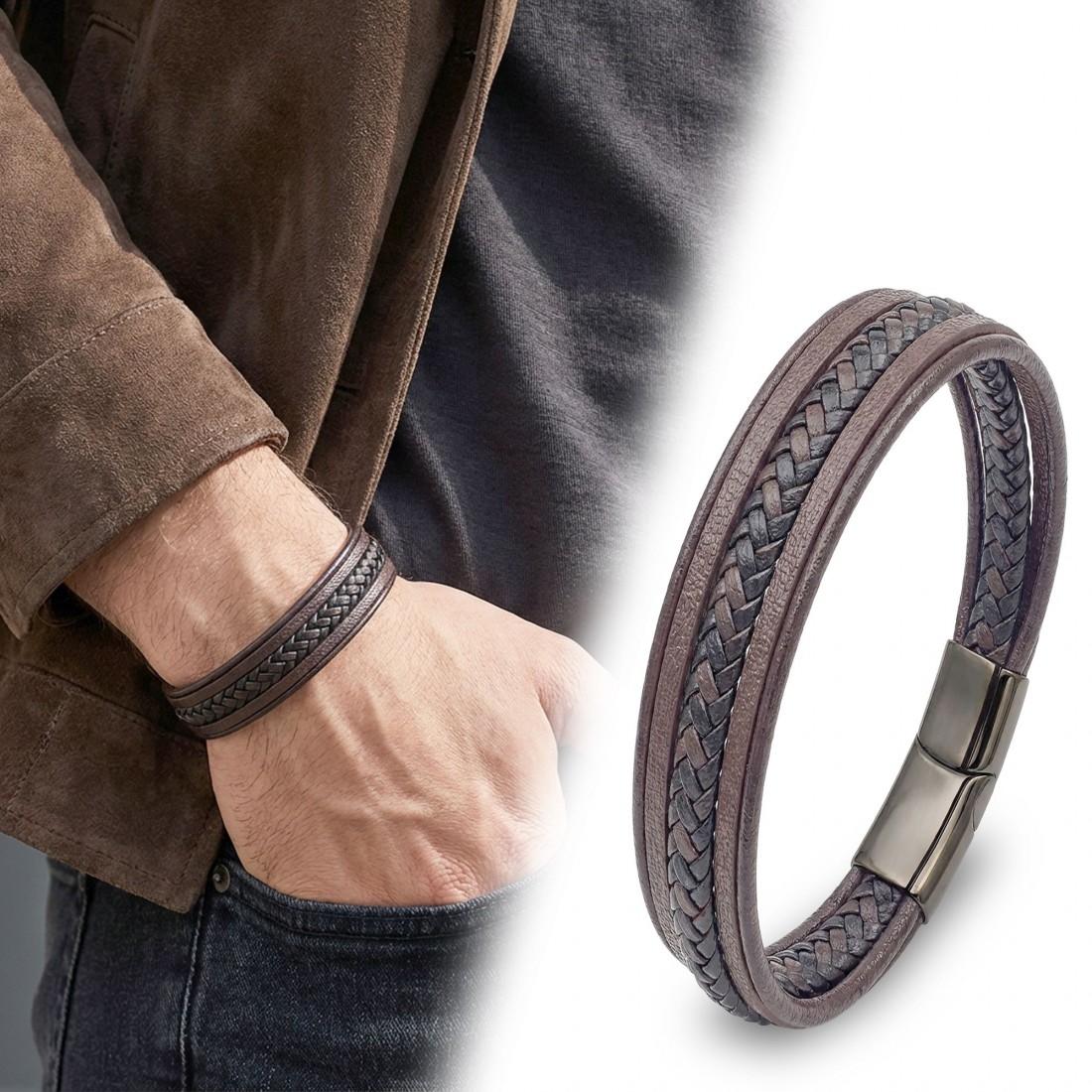 Kahve Siyah Çoklu Deri Bileklik