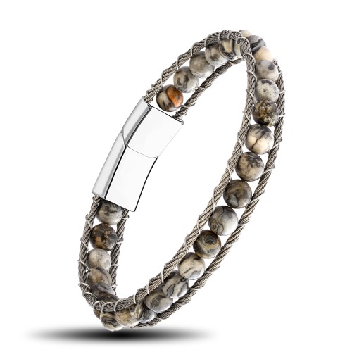 Akik Doğaltaş Ve Çelik Halat Örme Bileklik