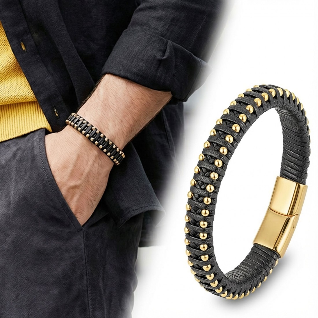 Syah Deri Ve Sarı Damla Çelik Zincirli Bileklik