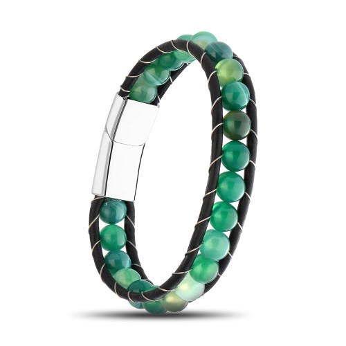 Yeşil Akik Doğaltaş Deri Bileklik