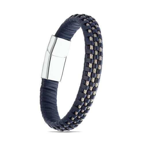 Lacivert Deri Burma Örgü Çelik Halat Bileklik