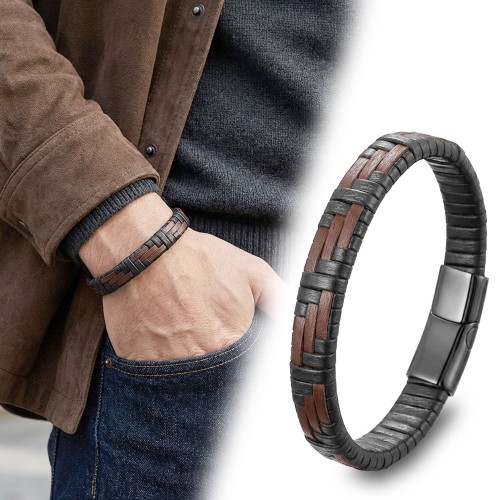 Kahve Ve Siyah Deri Örgü Ve Çelik Bileklik