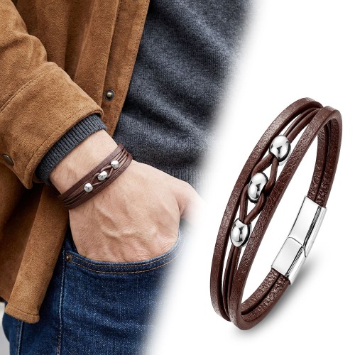 Çelik Top Ve Kahve Deri Bileklik