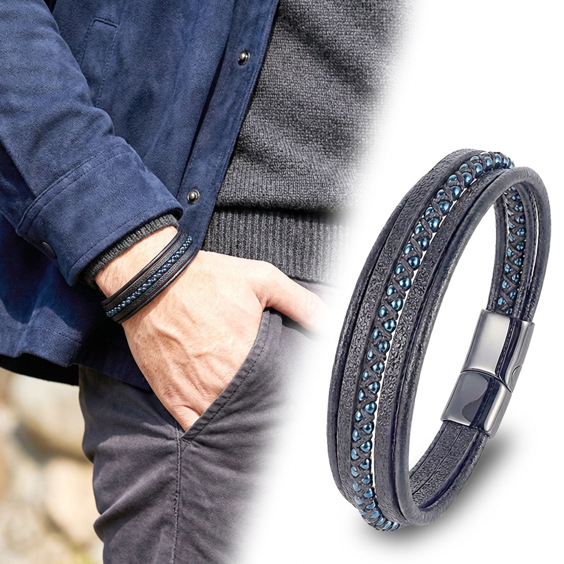 Mavi Hematit Ve Çoklu Deri Bileklik