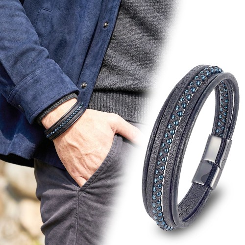 Mavi Hematit Ve Çoklu Deri Bileklik