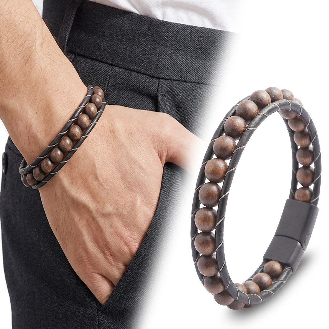 8mm Ceviz Ağacı Deri Bileklik