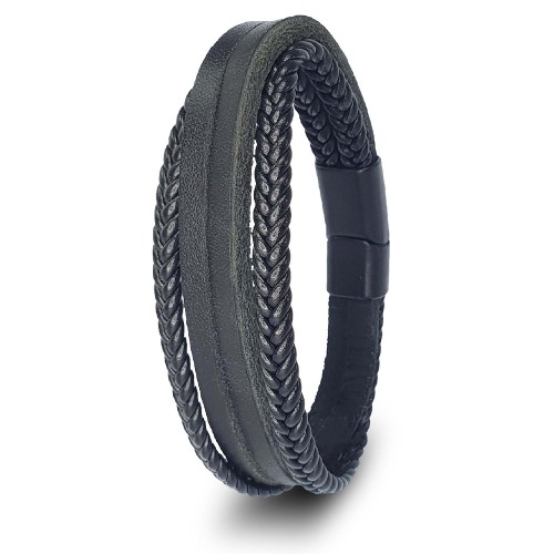 Siyah Hakiki Çoklu Deri Ve Çelik Bileklik