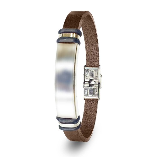 Kahverengi Deri & İsim Yazılabilir Bileklik Çelik Plaka Bileklik