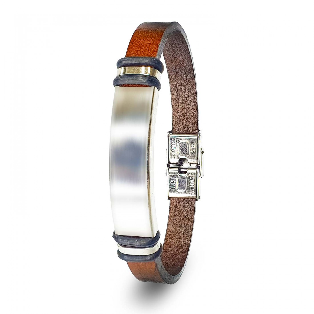 Taba Deri & İsim Yazılabilir Bileklik Çelik Plaka Bileklik