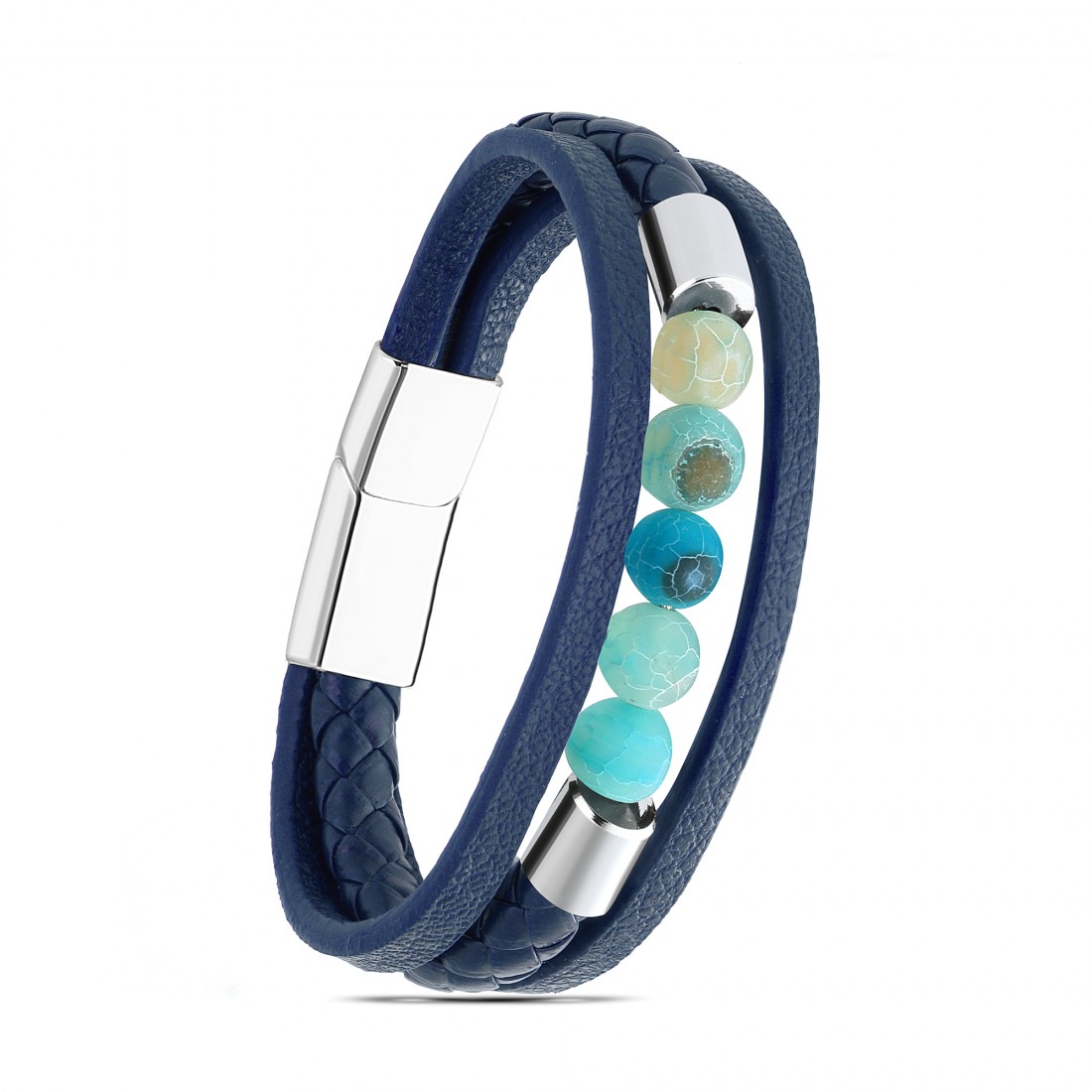 Mavi Mat Akik Doğaltaş Ve Çoklu Deri Bileklik