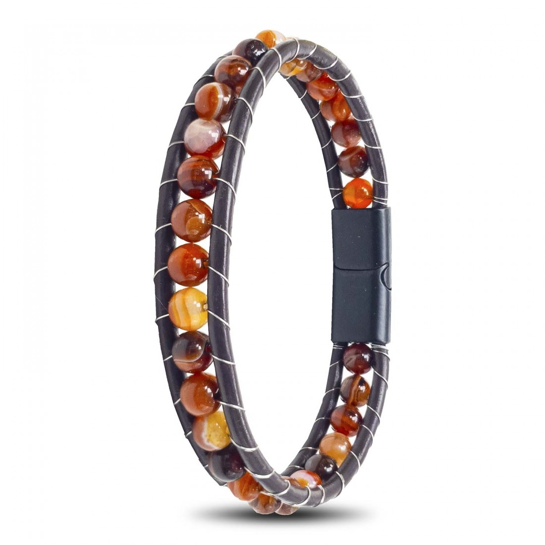 6mm Kırmızı Akik Taşlı Deri Kordon Ve Çelik Bileklik