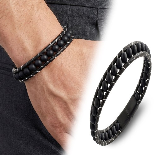 6mm Kırmızı Akik Taşlı Deri Kordon Ve Çelik Bileklik